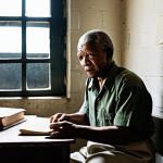 **

Nelson Mandela in his Robben Island prison cell. The scene should convey isolation and resilience. Dim light filters through a barred window onto a small desk with a book and papers. Mandela is seated, deep in thought, a determined look on his face. Emphasize the contrast between the harsh environment and his inner strength. Style: Realistic, gritty, documentary photography.

**
